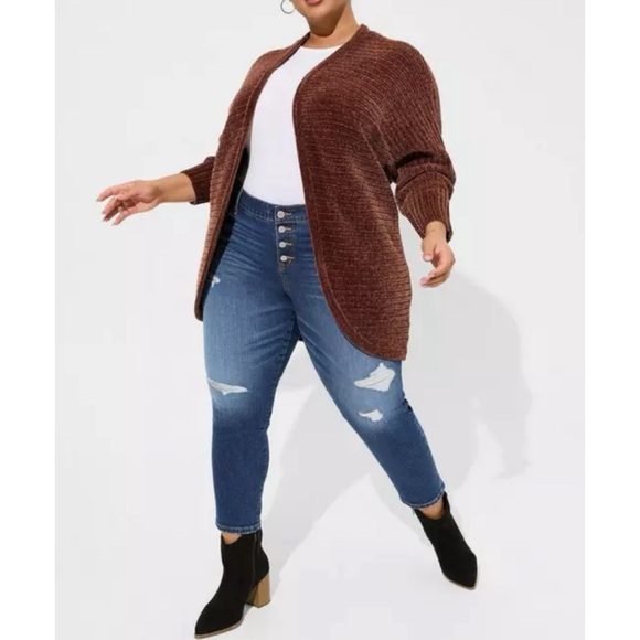 🆕 Chenille Cocoon Open Ribbed Cardigan Sweater 0 L 12 NWT Torrid New! Brown - Picture 3 of 6